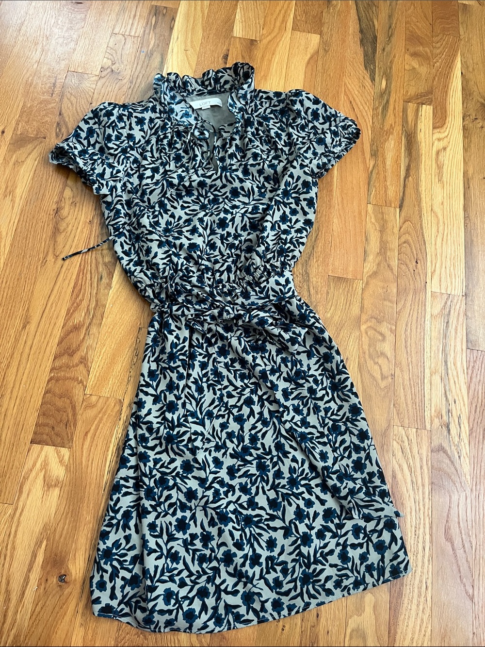LOFT Navy and Cream Leaf-Print Midi Dress